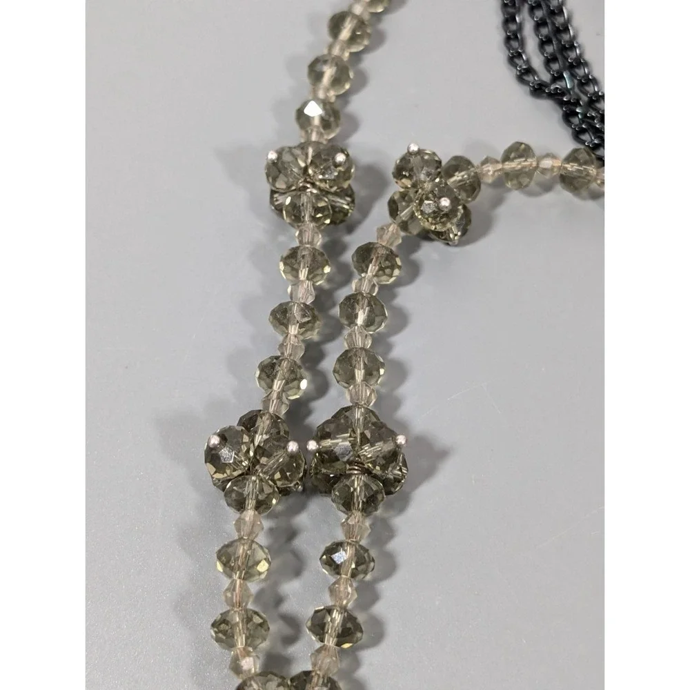 Smokey Gray Bead Crystal Ball Black‎ Multi Chain Tassel Necklace 28